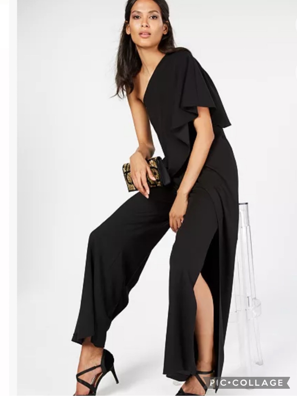 Adrianna Papell Black One Shoulder Wide Leg Jumpsuit 6 Cocktail Quiet Luxury